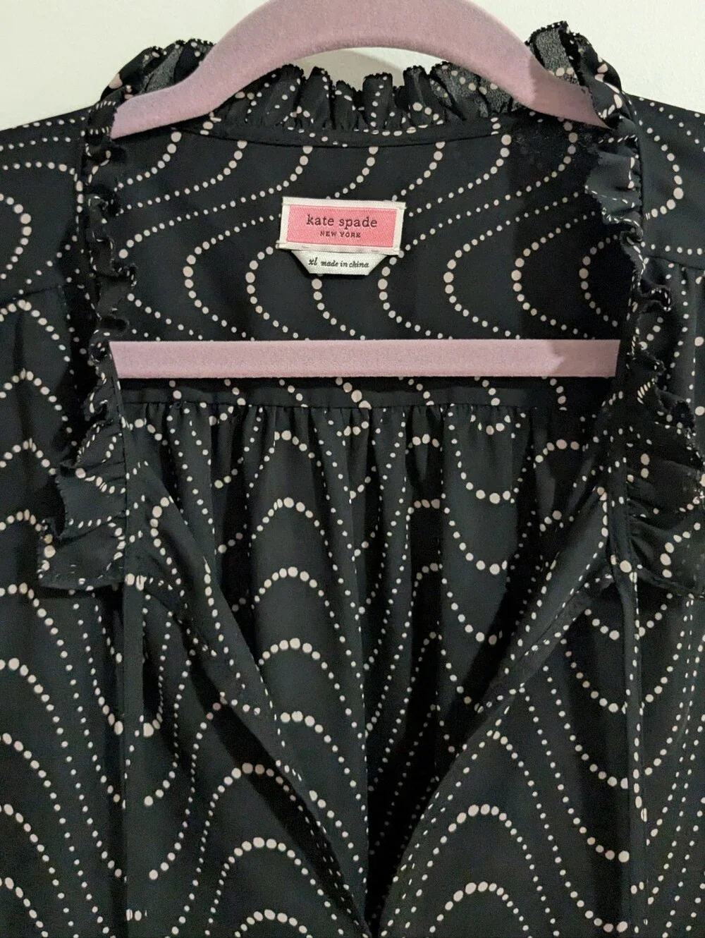 NEW Kate Spade Black Wavy Dot Ruffle-Trim Blouse